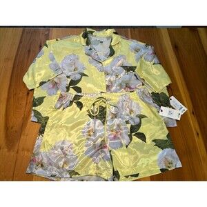 Ted Baker Women’s Pajama 2pc Set. XL Short Sleeve Top And Shorts Yellow Gardenia